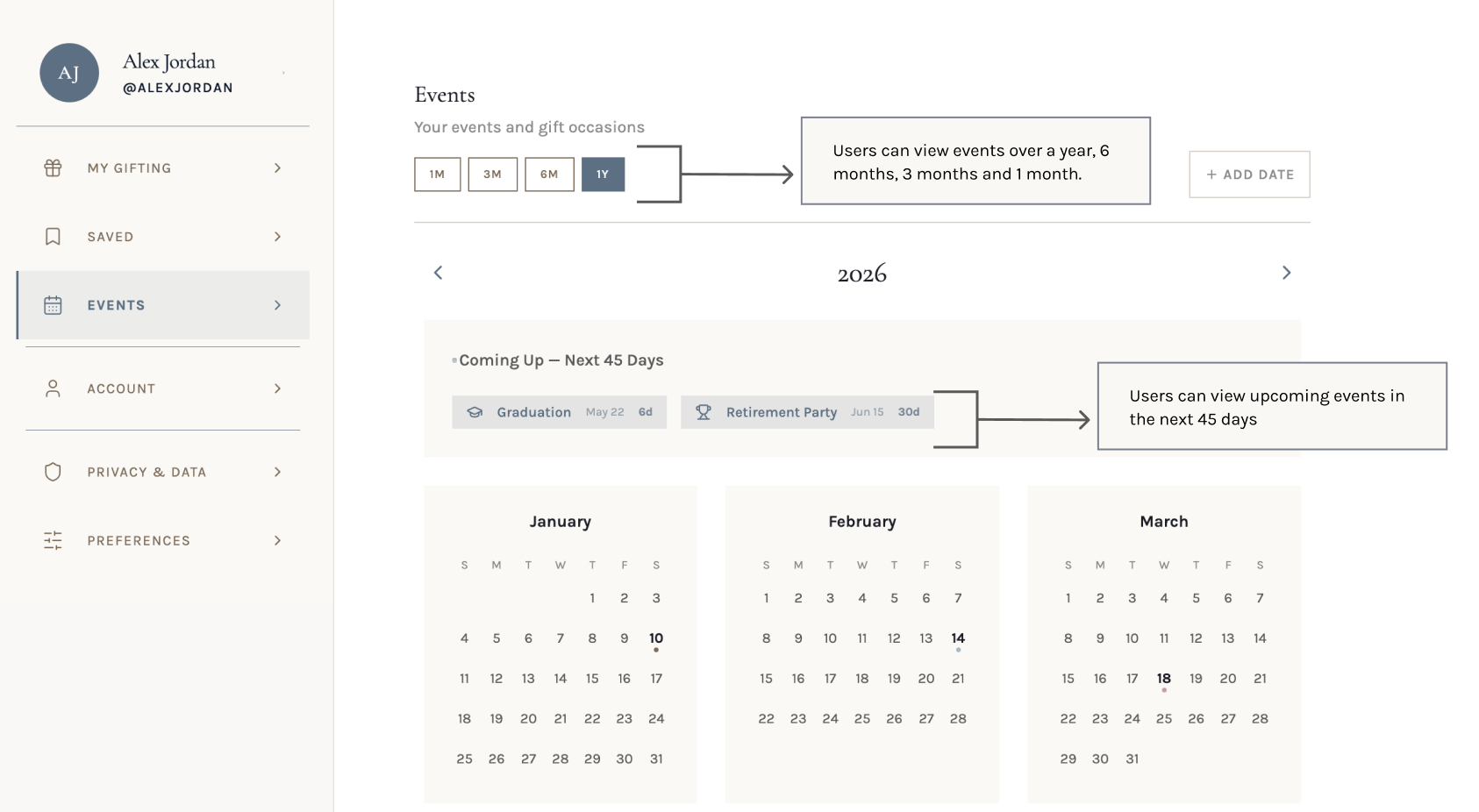 Events section with calendar and list views