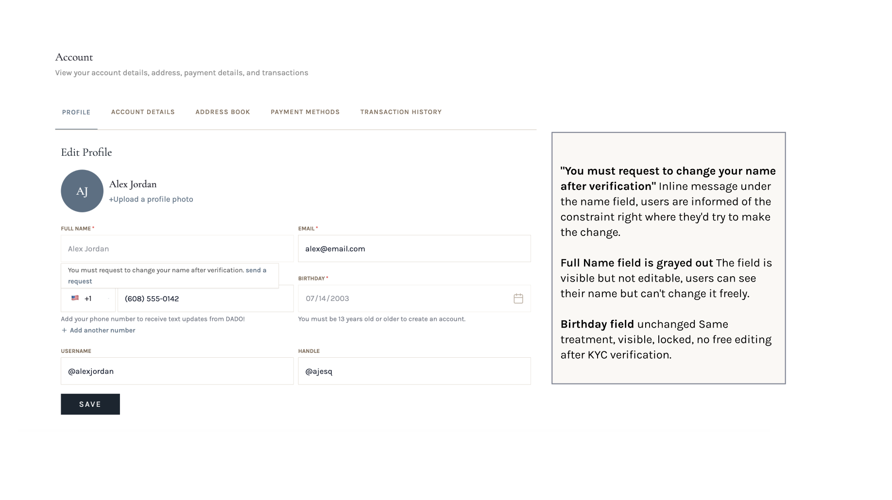 Locked name and date of birth fields with explanatory tooltip