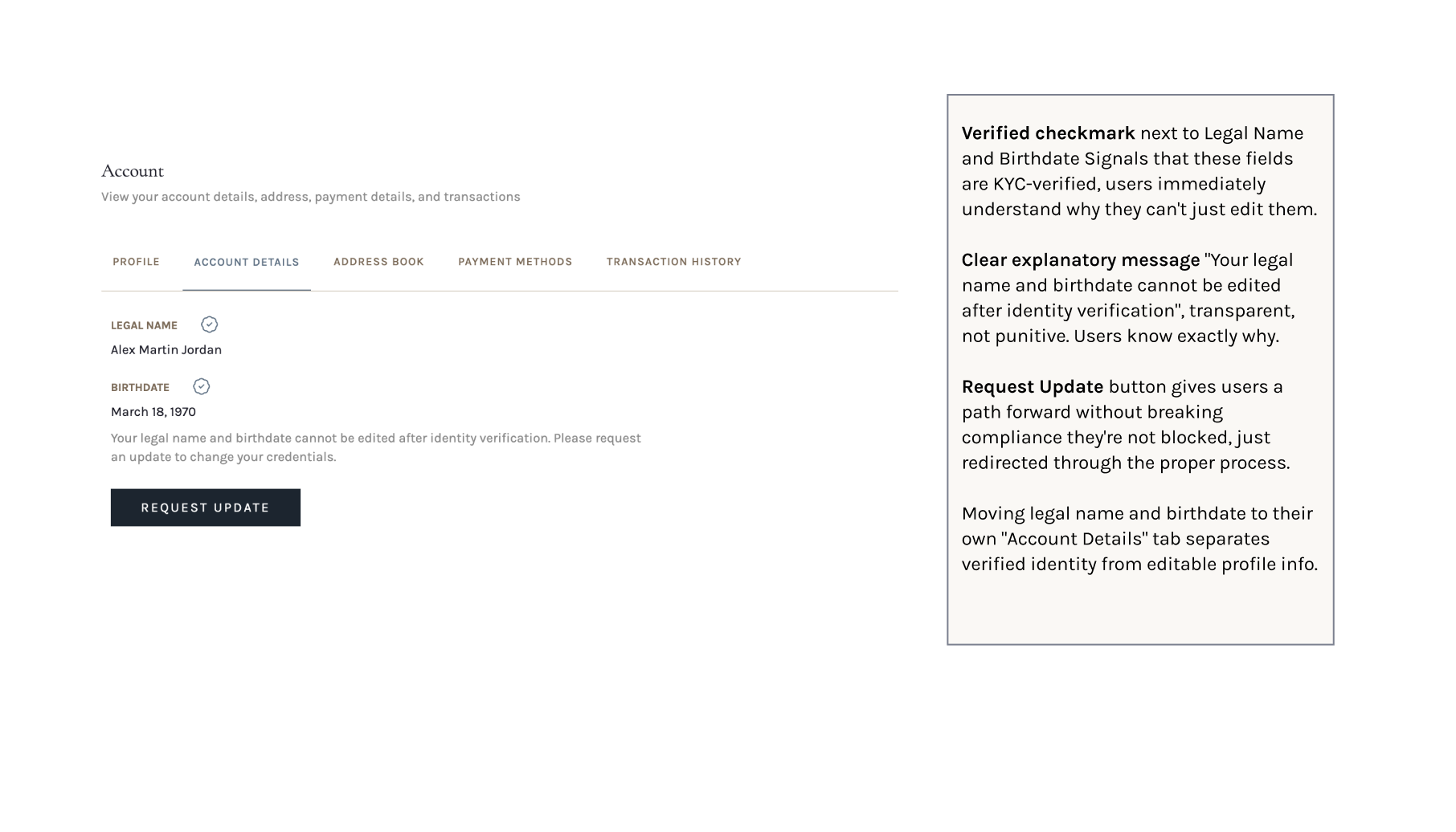 Account Details section with KYC information and Request update button