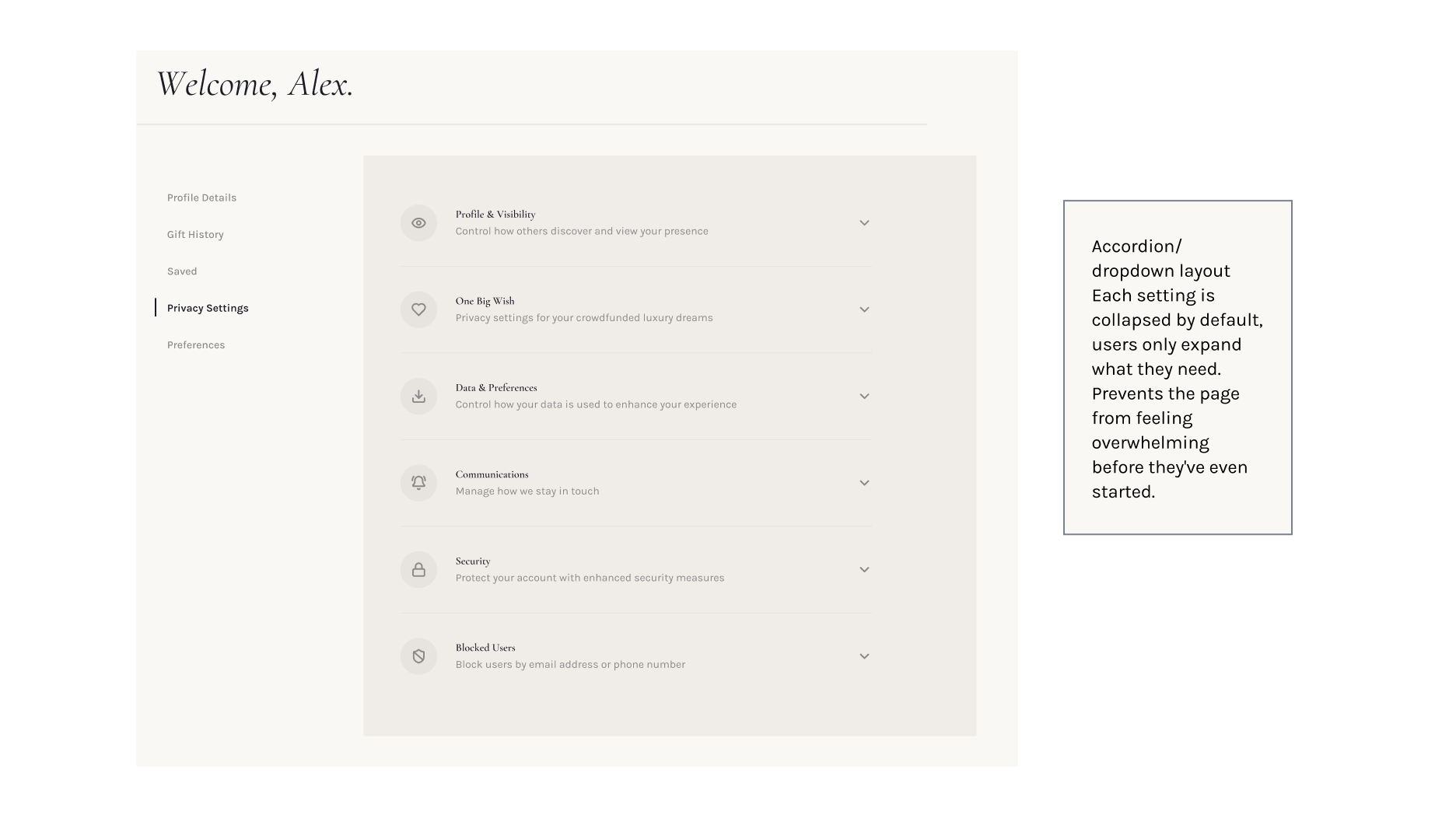 Initial design, Privacy Settings