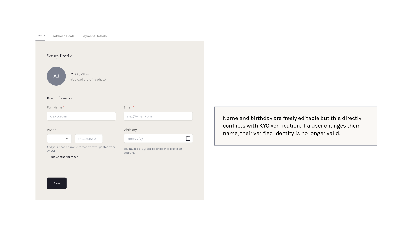 Lo-fi profile fields that allowed editing of identity information