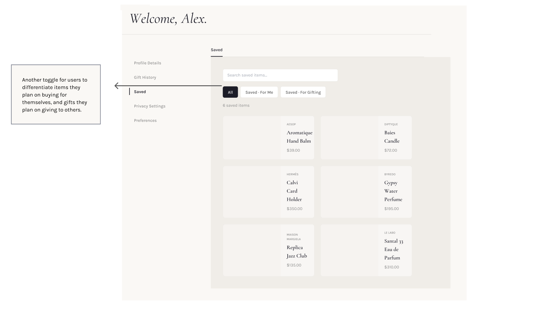 Initial design, Saved Items