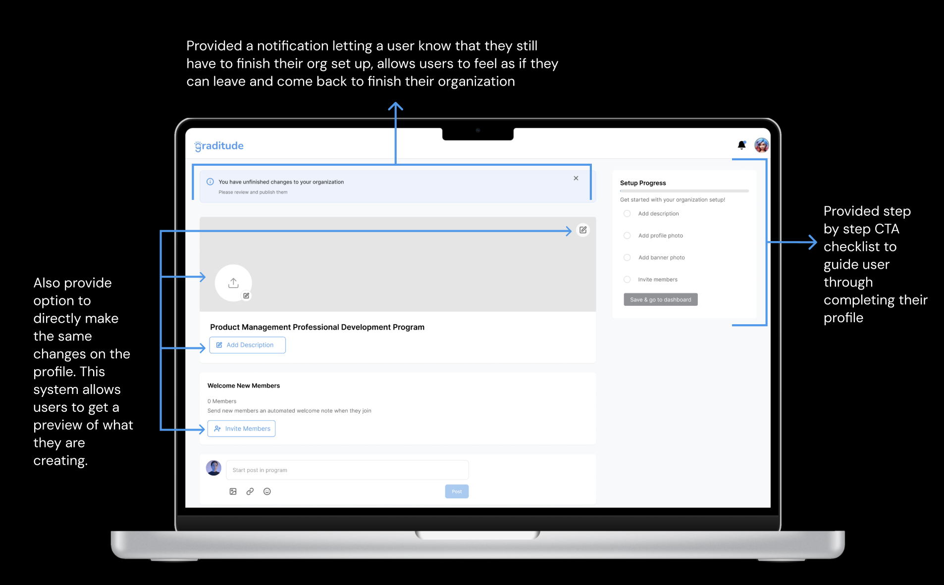 Progressive disclosure profile page with step-by-step setup checklist